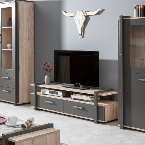 Mueble TV de diseño industrial con 2 cajones madera y metal Aplinka
