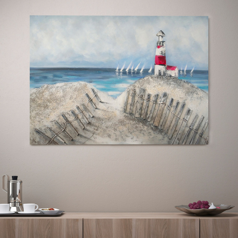 Cuadro decorativo de playa y faro pintado a mano sobre lienzo 120x90cm Faro