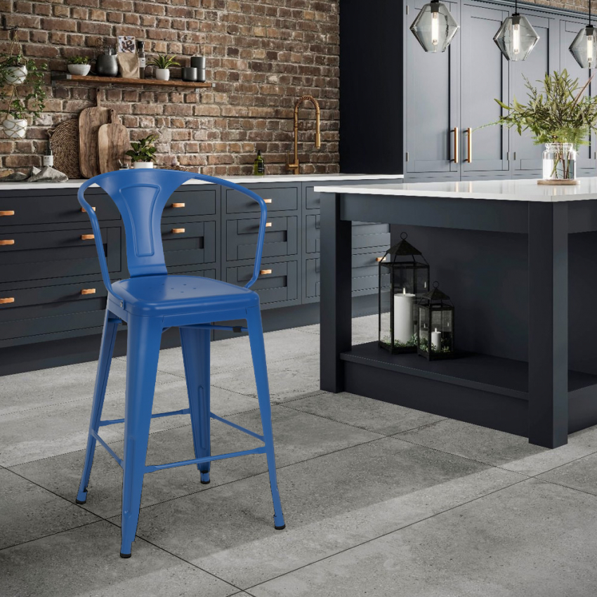  taburete diseño industrial para bar y cocina, con respaldo de metal estilo steel back Descueto 