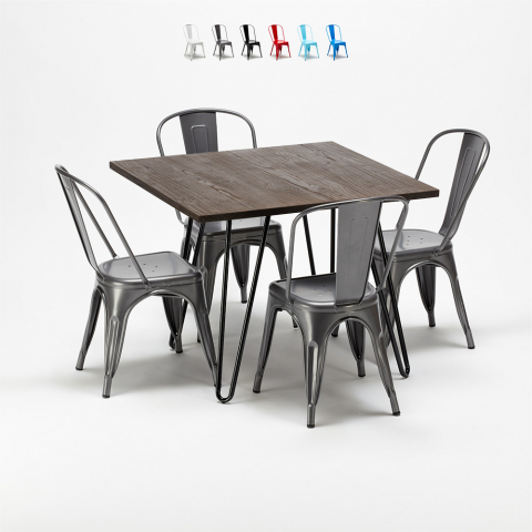 conjunto de mesa cuadrada madera y sillas en metal en estilo industrial Lix pigalle Promoción