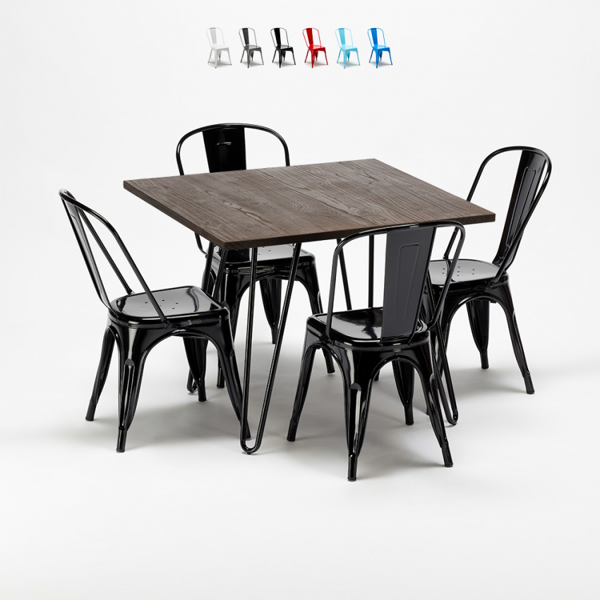 conjunto de mesa cuadrada madera y sillas en metal en estilo industrial Lix pigalle Coste