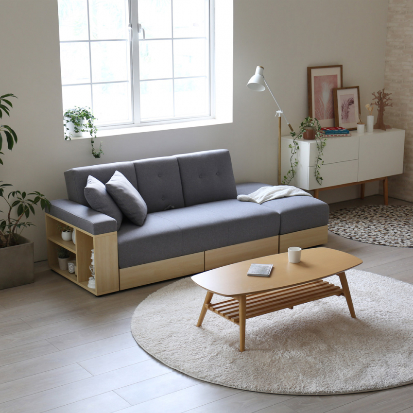 Sofá cama de tela 2 plazas con portavasos contenedor puf Subadra Venta