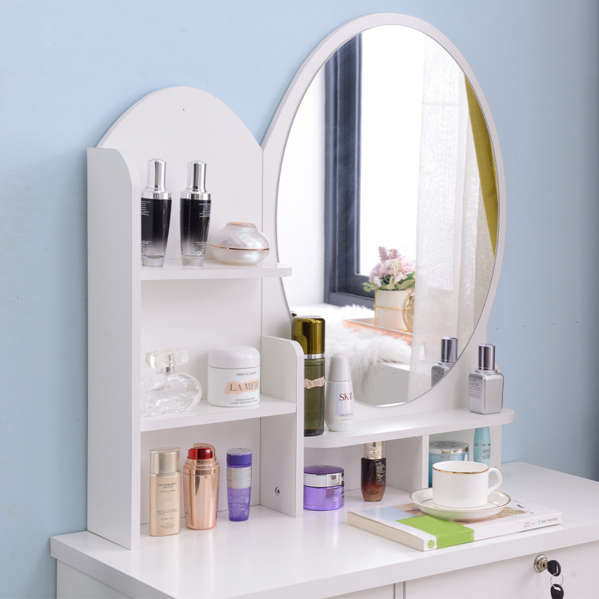 COSTWAY Espejo para Tocador Espejo Redondo con 2 Cajones de Mesa Espejo de  Maquillaje para Dormitorio