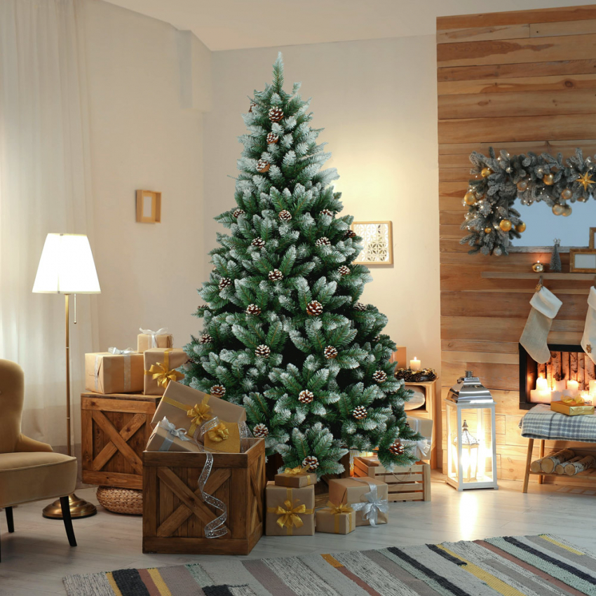 Árbol de Navidad Artificial Natural Nevado Piñas con soporte 180 cm Manitoba Promoción