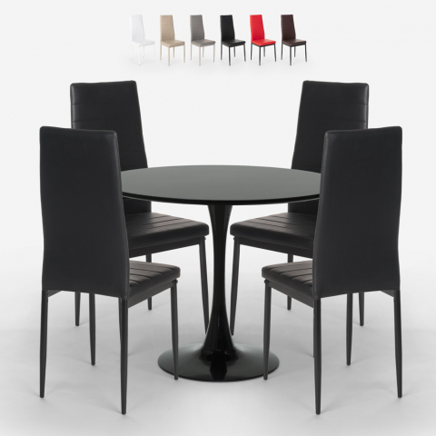 Juego mesas diseño Tulip redondo 80 cm negro 4 sillas moderno polipiel Vogue Black