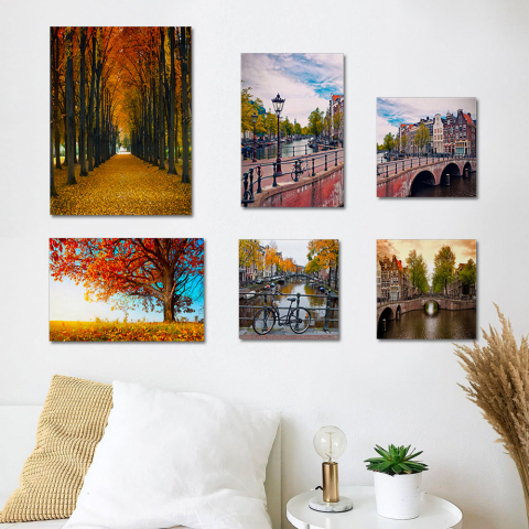 Conjunto 6 impresiones en tela canvas paisaje urbano marco de madera Autumn Promoción