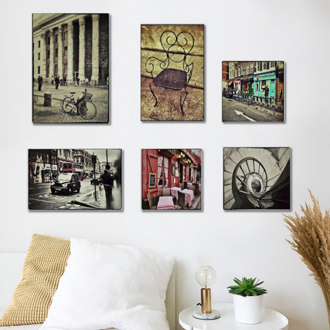 Conjunto 6 impresiones en tela canvas marco de madera vintage Postcard Promoción