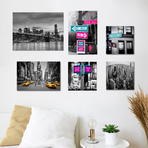 Conjunto 6 impresiones en tela canvas cuadros ciudad New York marco de madera Big Apple Promoción