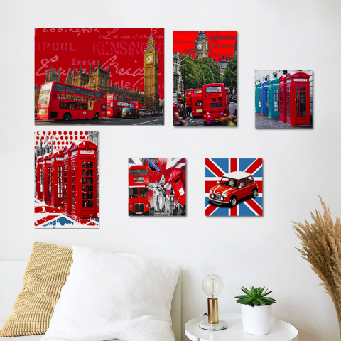 Conjunto 6 impresiones en tela cuadros Inglaterra Londres marco de madera Queen Promoción