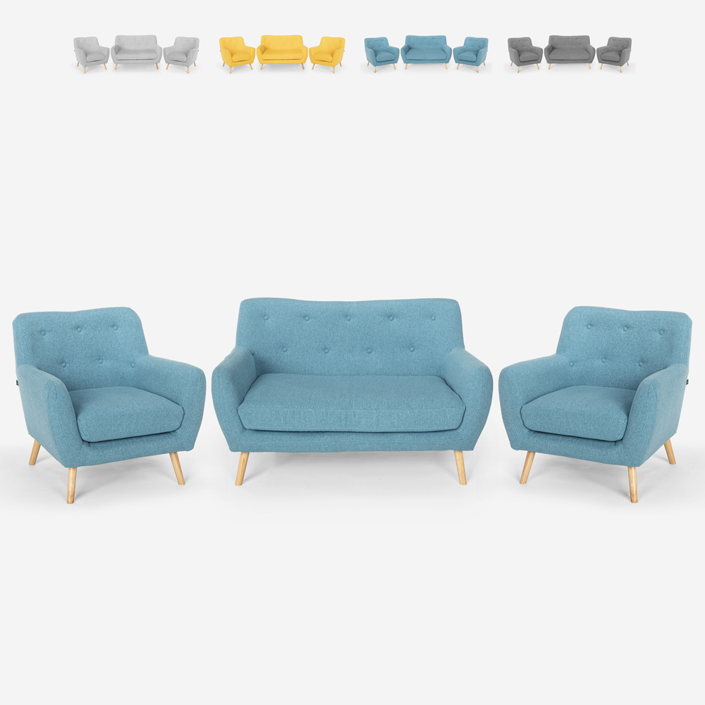Juego de sofás 2 sillones diseño escandinavo y sofá 2 plazas madera tejido Cleis