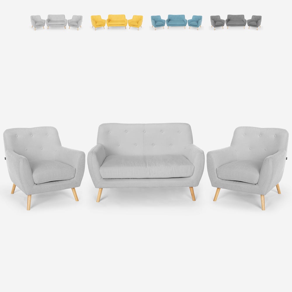 Juego de sofás 2 sillones diseño escandinavo y sofá 2 plazas madera tejido Cleis