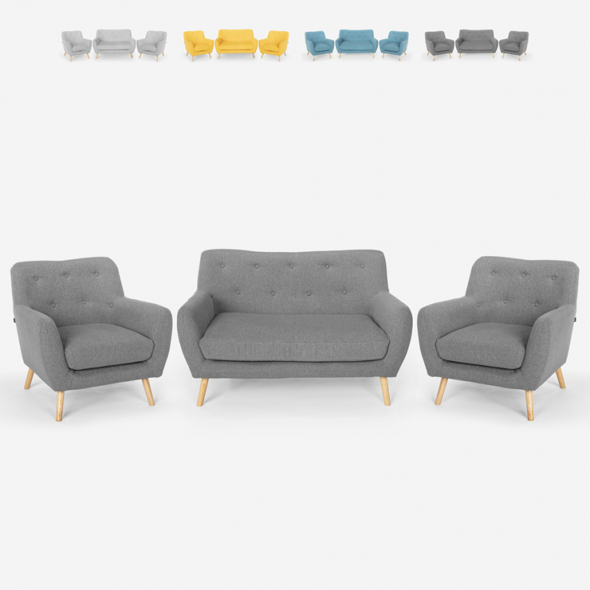Juego de sofás 2 sillones diseño escandinavo y sofá 2 plazas madera tejido Cleis Stock
