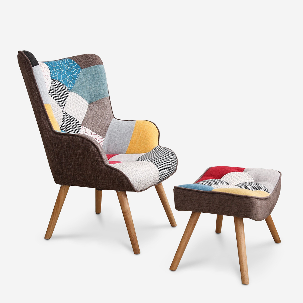 Sillón con taburete diseño Patchwork patas de madera de haya relax Patchy Plus