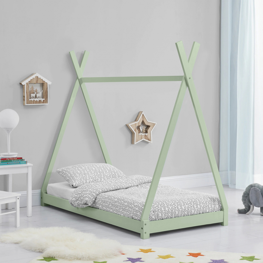 Divertida cama infantil Montessori en forma de cabaña 70x140