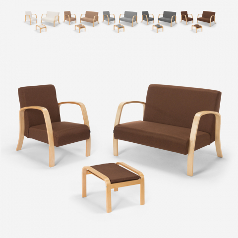Sofá, sillón, reposapiés de salón escandinavo de madera y tela Gyda