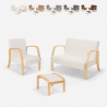 Sofá, sillón, reposapiés de salón escandinavo de madera y tela Gyda Descueto