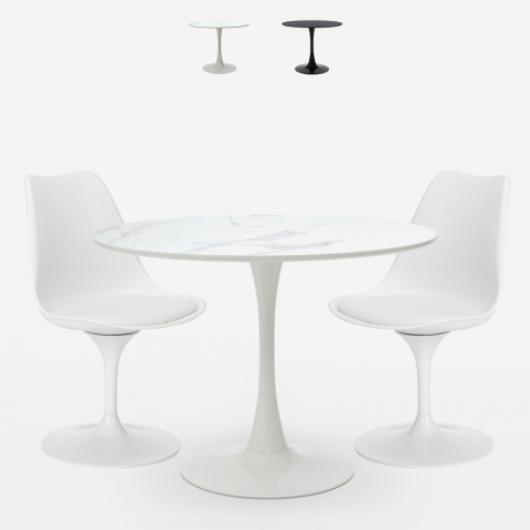 Juego mesa redondo 80 cm diseño Tulip efecto mármol 2 sillas moderno Rich