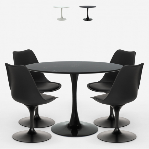 Juego mesa redonda 120 cm efecto mármol diseño Tulip 4 sillas Paix