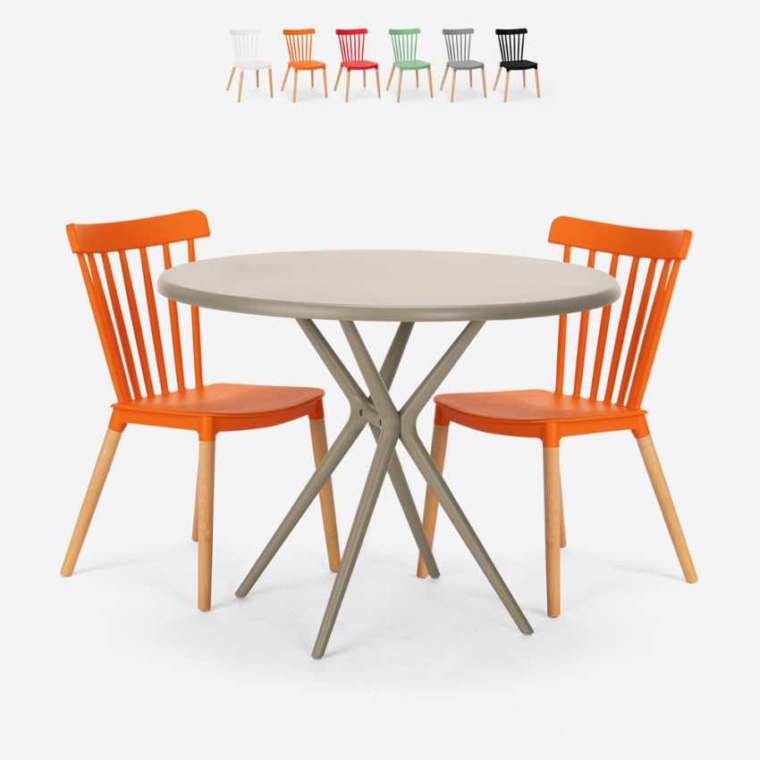 Juego mesa diseño redondo beige 80 cm 2 sillas Eskil Descueto