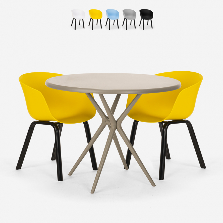 Juego mesa diseño redondo 80 cm beige 2 sillas Oden Descueto
