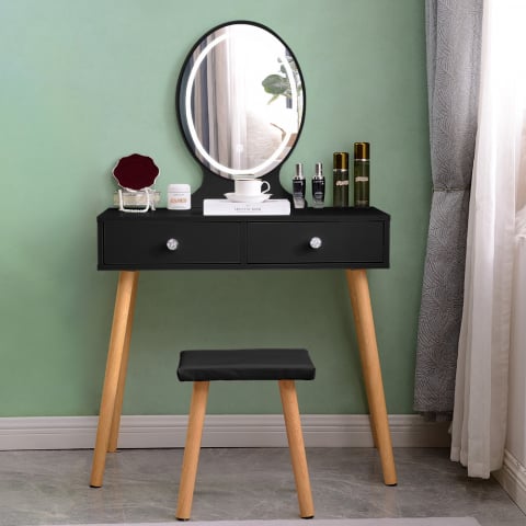 Tocador maquillaje escandinavo negro cajón espejo LED Serena Black