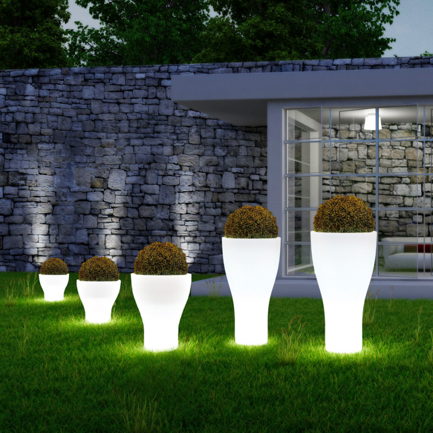 Maceta luminosa alta redonda exterior diseño moderno kit iluminación Domus Promoción