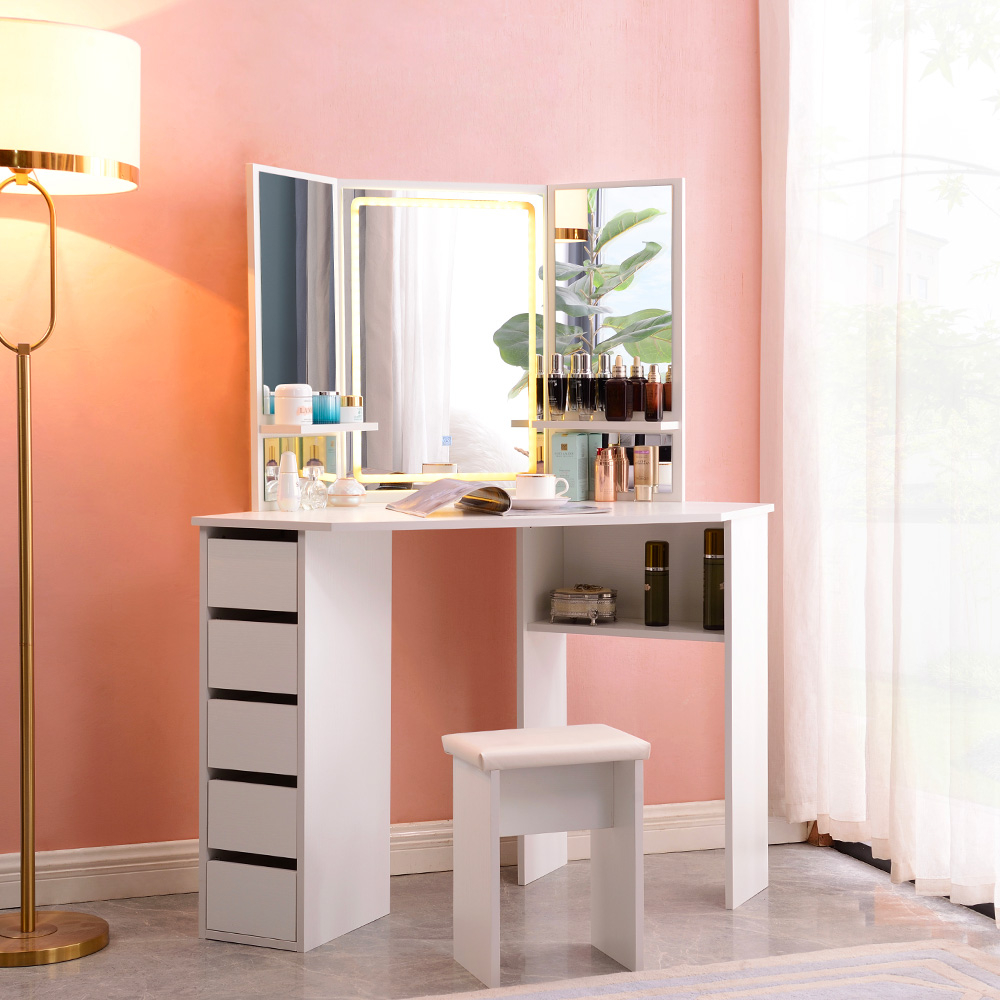 Tocador de maquillaje angular 3 espejos LED taburete cómoda Elettra