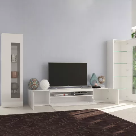 Mueble de pared para salón con soporte de TV y 2 vitrinas blancas brillantes Daiquiri