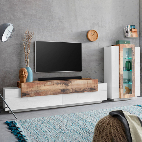 Mueble de pared para salón con mueble de TV y vitrina blanco madera Corona