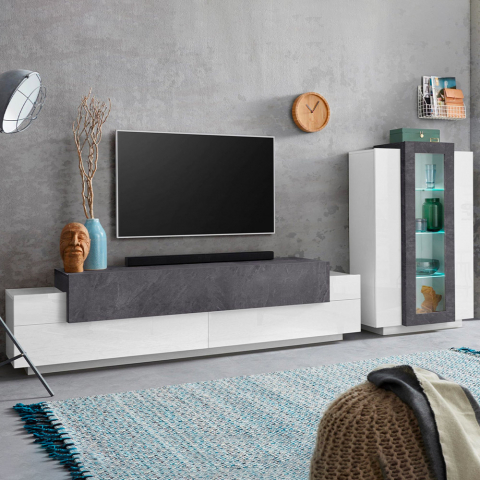 Mueble de pared para salón con mueble de TV y vitrina blanco pizarra Corona