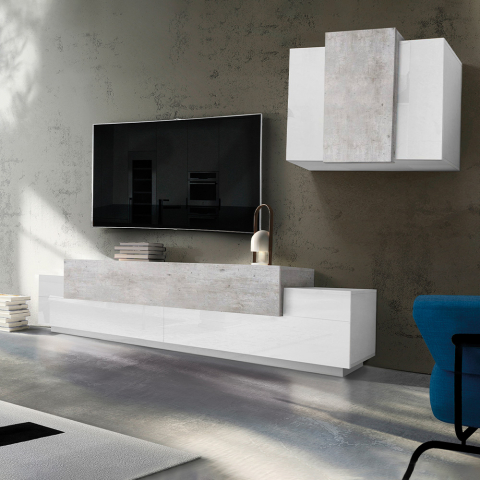 Mueble de pared para salón con mueble de TV y mueble suspendido blanco y gris Corona Promoción