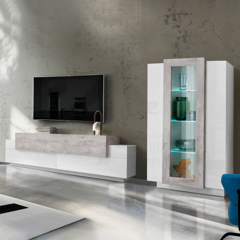 Mueble de pared para salón con mueble de TV y vitrina blanco gris Corona