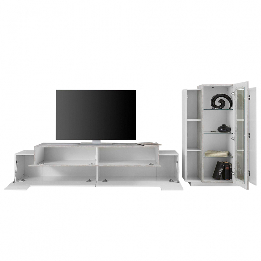 Corona Mueble pared salón con mueble TV y vitrina blanco y gris