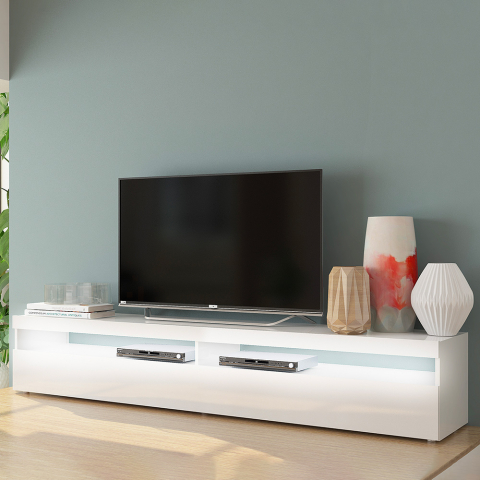 Mueble de TV salón diseño 200 cm 4 compartimentos 2 puertas blanco brillante Burrata Promoción