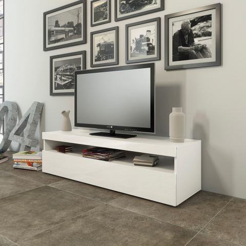 Mueble de TV salón 130 cm 2 compartimentos 1 puerta blanco brillante Burrata Smart