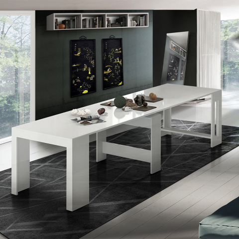 Mesa de comedor blanco brillante extensible 90-300 x 51 cm consola diseño Pratika White