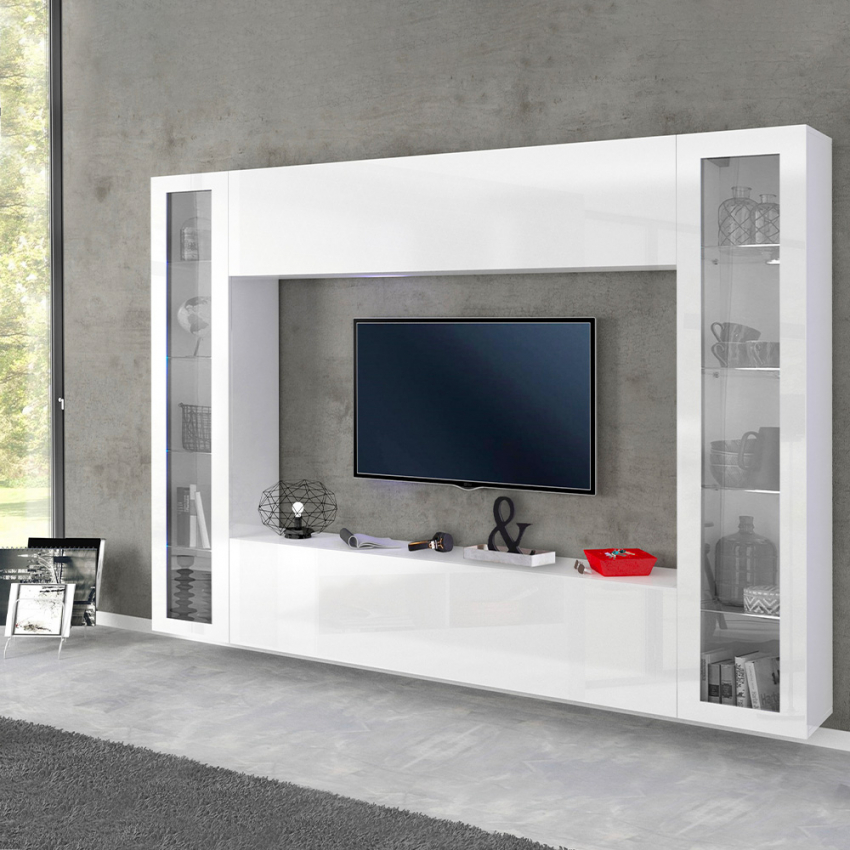 Mueble TV suspendido 130 cm con LED de 16 colores - 4 cajones - blanco