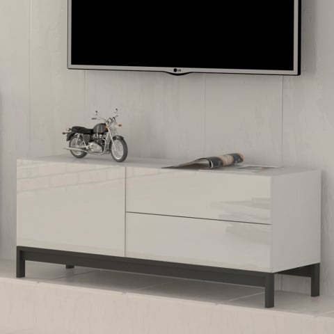 Mueble de TV aparador salón compartimento 2 cajones blanco brillante Metis Up