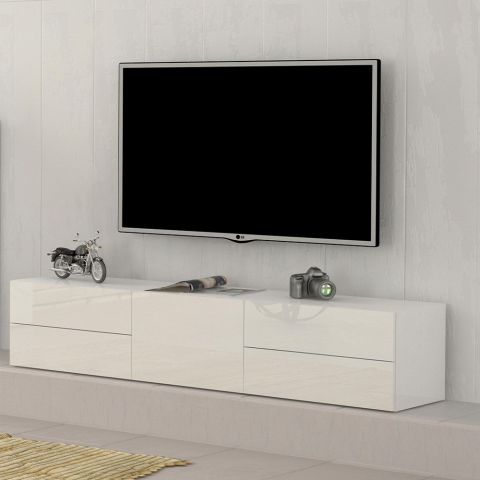 Mueble de TV blanco brillante diseño 170 cm puerta 4 cajones Metis Living