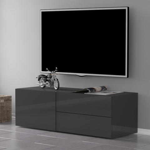 Mueble de TV salón compartimento 2 cajones antracita brillante Metis Report