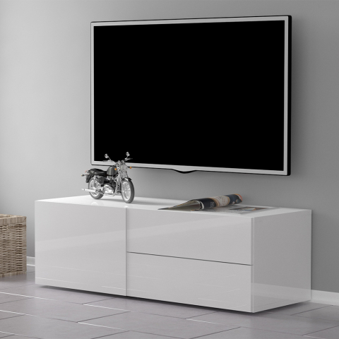 Mueble de TV salón diseño compartimento 2 cajones 110 cm blanco brillante Metis