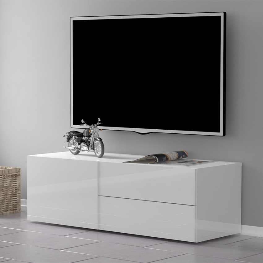 Mueble de TV salón diseño compartimento 2 cajones 110 cm blanco brillante Metis Promoción