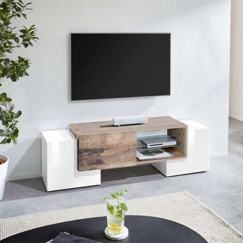 Mueble de TV 150 cm diseño moderno 3 puertas 2 estantes Pillon Acero M