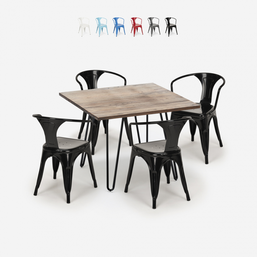 juego diseño industrial mesa 80 x 80 cm 4 sillas estilo Lix cocina bar reims Descueto