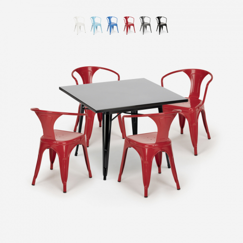 juego mesa acero 80 x 80 cm estilo industrial 4 sillas cocina restaurante century black Promoción