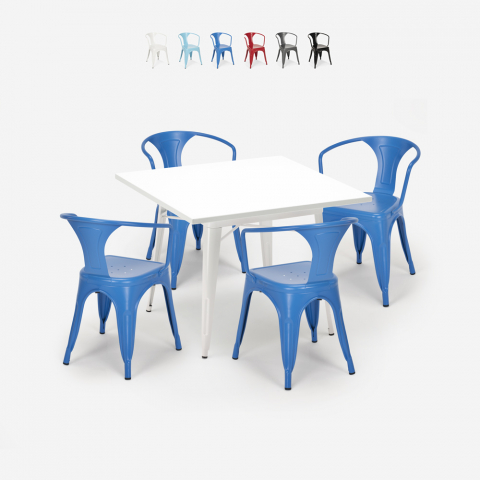 juego cocina restaurante estilo industrial mesa acero 80 x 80 cm 4 sillas Lix century white Promoción