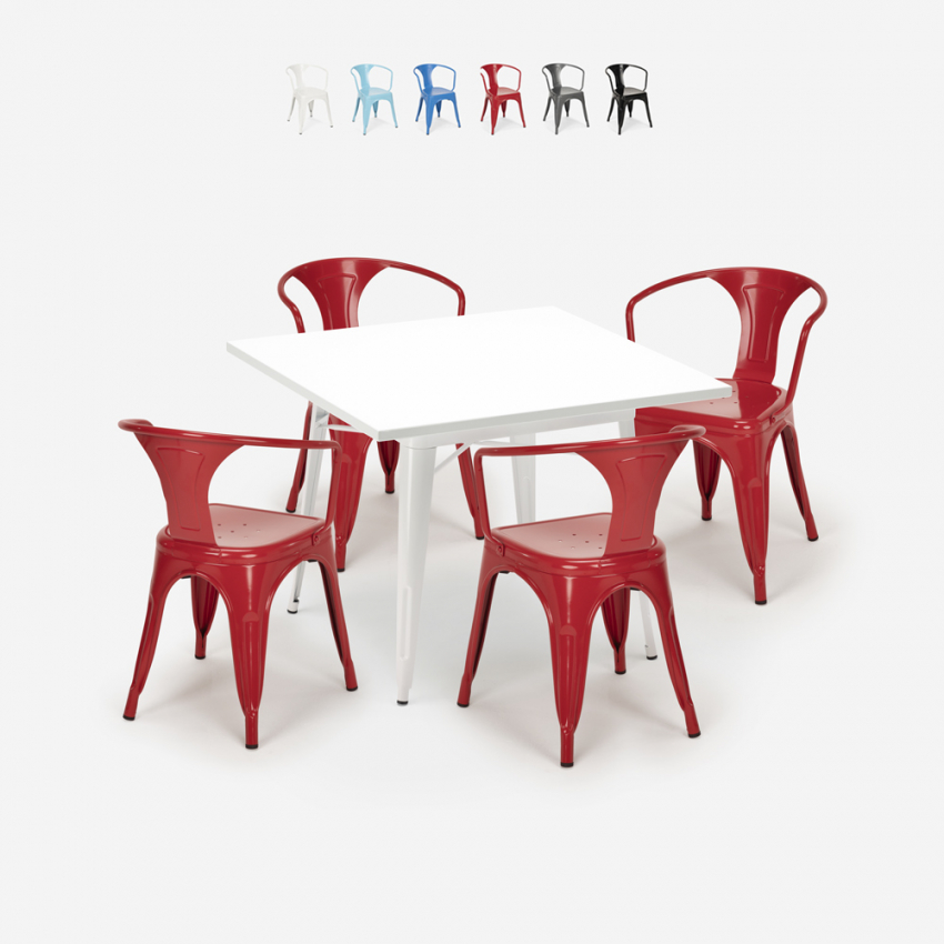 juego cocina restaurante estilo industrial mesa acero 80 x 80 cm 4 sillas Lix century white Catálogo