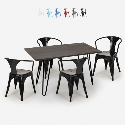 juego cocina restaurante mesa madera 120 x 80 cm 4 sillas estilo industrial wismar Promoción