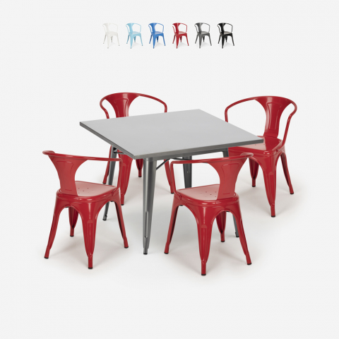 juego estilo industrial mesa acero 80 x 80 cm 4 sillas Lix cocina restaurante century Promoción