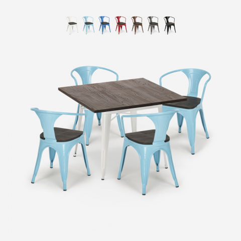juego mesa cocina 80 x 80 cm industrial 4 sillas Lix madera metal hustle wood white Promoción